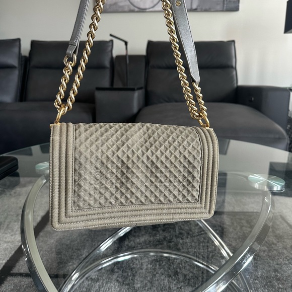 “SOLD” Authentic Chanel Boy Flap Quilted Olive Denim Bag - Picture 6 of 11